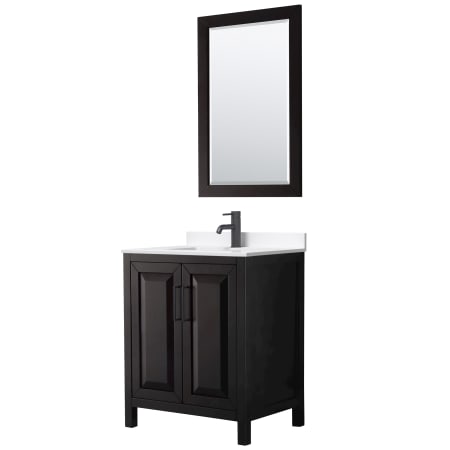 A large image of the Wyndham Collection WCV252530S-QTZ-UNSM24 Dark Espresso / White Quartz Top / Matte Black Hardware