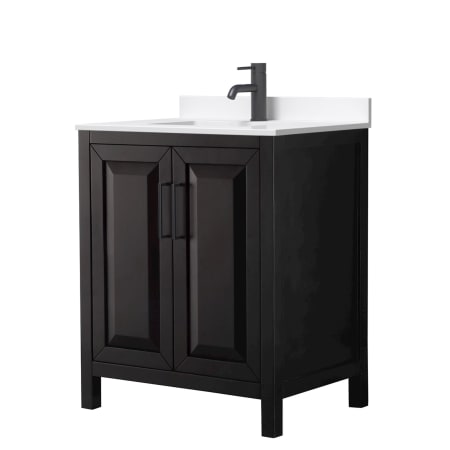 A large image of the Wyndham Collection WCV252530S-QTZ-UNSMXX Dark Espresso / White Quartz Top / Matte Black Hardware