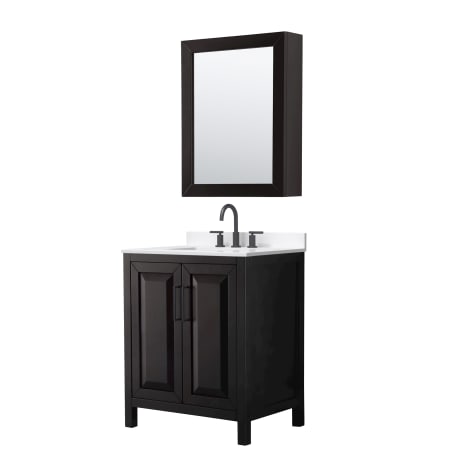 A large image of the Wyndham Collection WCV252530S-QTZ-US3MED Dark Espresso / White Quartz Top / Matte Black Hardware