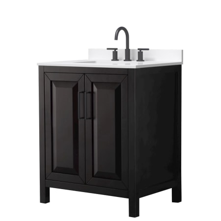 A large image of the Wyndham Collection WCV252530S-QTZ-US3MXX Dark Espresso / White Quartz Top / Matte Black Hardware