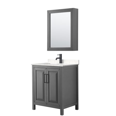 A large image of the Wyndham Collection WCV252530S-VCA-MED Dark Gray / Carrara Cultured Marble Top / Matte Black Hardware