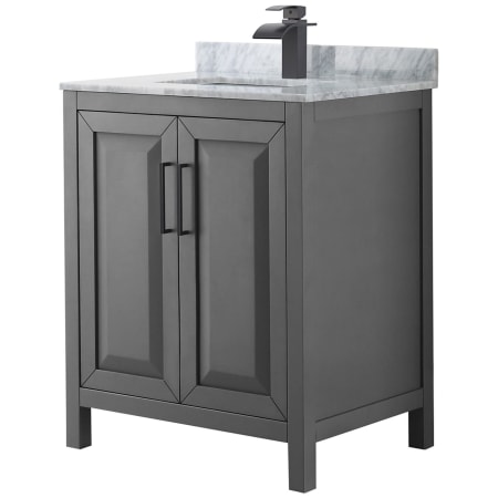 A large image of the Wyndham Collection WCV252530SUNSMXX Dark Gray / White Carrara Marble Top / Matte Black Hardware