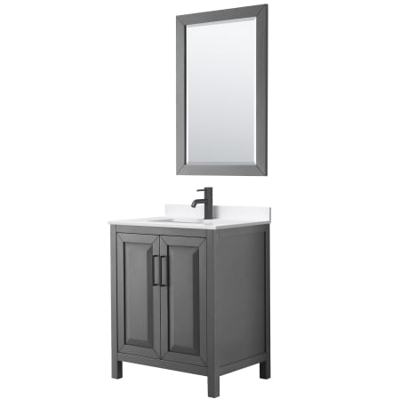 A large image of the Wyndham Collection WCV252530S-QTZ-UNSM24 Dark Gray / White Quartz Top / Matte Black Hardware