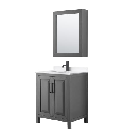 A large image of the Wyndham Collection WCV252530S-QTZ-UNSMED Dark Gray / White Quartz Top / Matte Black Hardware