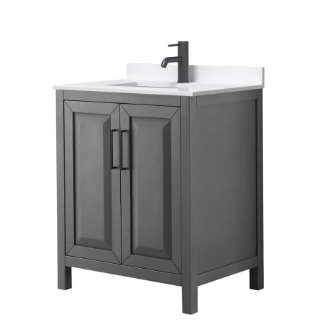 A large image of the Wyndham Collection WCV252530S-QTZ-UNSMXX Dark Gray / White Quartz Top / Matte Black Hardware