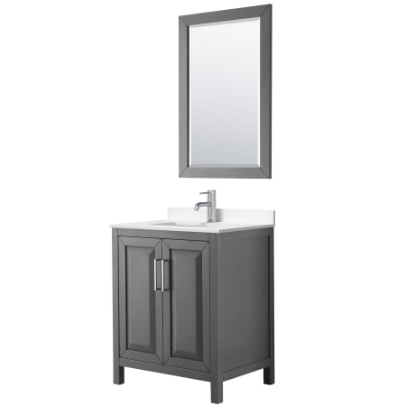 A large image of the Wyndham Collection WCV252530S-QTZ-UNSM24 Dark Gray / White Quartz Top / Polished Chrome Hardware