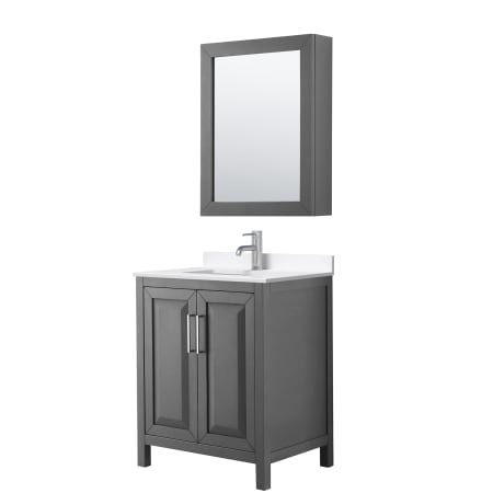 A large image of the Wyndham Collection WCV252530S-QTZ-UNSMED Dark Gray / White Quartz Top / Polished Chrome Hardware