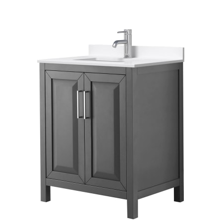 A large image of the Wyndham Collection WCV252530S-QTZ-UNSMXX Dark Gray / White Quartz Top / Polished Chrome Hardware