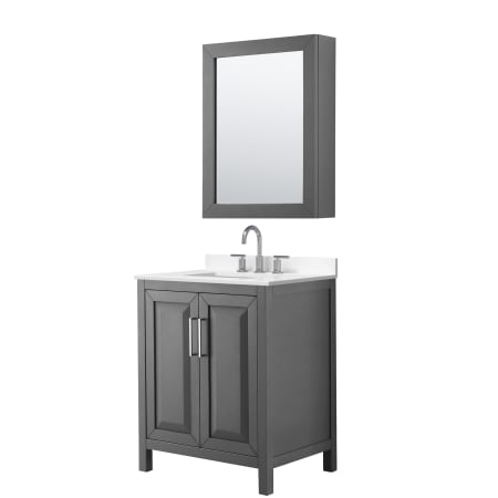 A large image of the Wyndham Collection WCV252530S-QTZ-US3MED Dark Gray / White Quartz Top / Polished Chrome Hardware