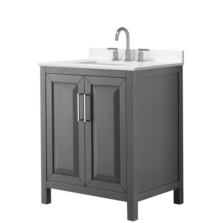 A large image of the Wyndham Collection WCV252530S-QTZ-US3MXX Dark Gray / White Quartz Top / Polished Chrome Hardware