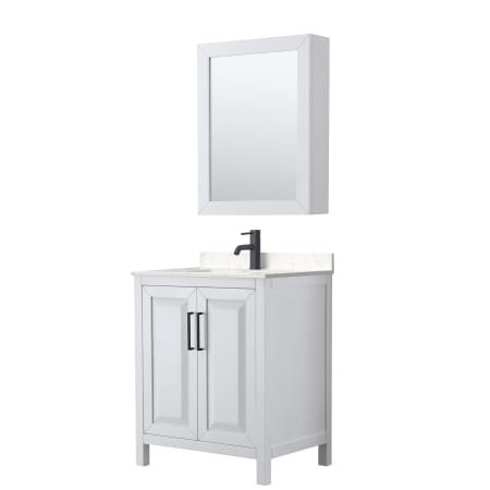 A large image of the Wyndham Collection WCV252530S-VCA-MED White / Carrara Cultured Marble Top / Matte Black Hardware