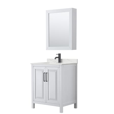 A large image of the Wyndham Collection WCV252530S-QTZ-UNSMED White / Giotto Quartz Top / Matte Black Hardware