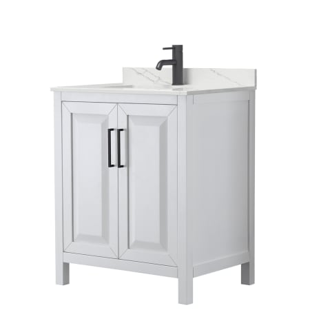 A large image of the Wyndham Collection WCV252530S-QTZ-UNSMXX White / Giotto Quartz Top / Matte Black Hardware