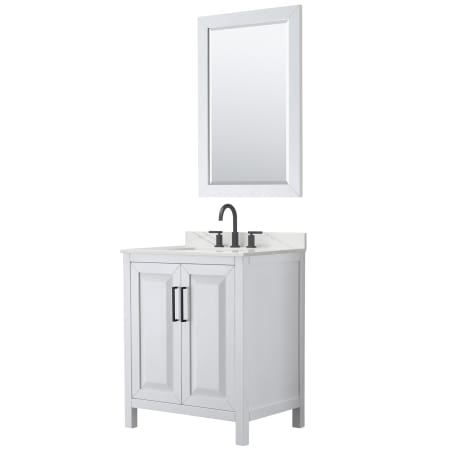 A large image of the Wyndham Collection WCV252530S-QTZ-US3M24 White / Giotto Quartz Top / Matte Black Hardware