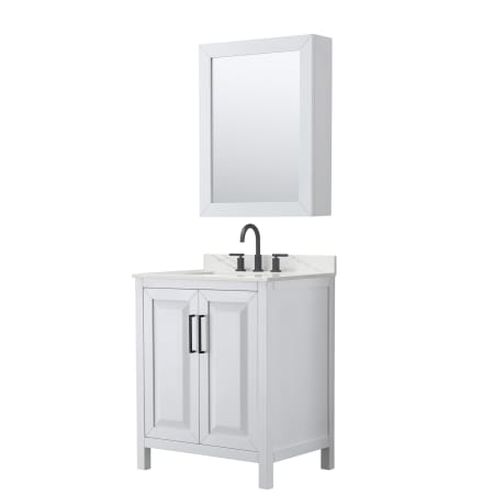 A large image of the Wyndham Collection WCV252530S-QTZ-US3MED White / Giotto Quartz Top / Matte Black Hardware