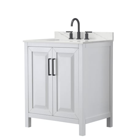 A large image of the Wyndham Collection WCV252530S-QTZ-US3MXX White / Giotto Quartz Top / Matte Black Hardware