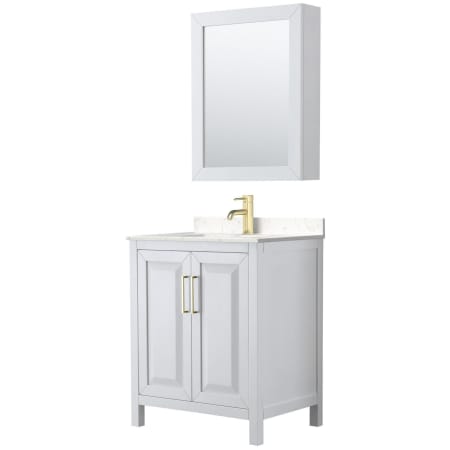 A large image of the Wyndham Collection WCV252530S-VCA-MED White / Carrara Cultured Marble Top / Brushed Gold Hardware