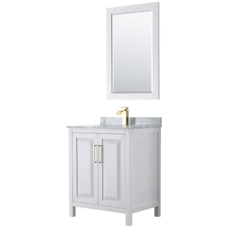 A large image of the Wyndham Collection WCV252530SUNSM24 White / White Carrara Marble Top / Brushed Gold Hardware