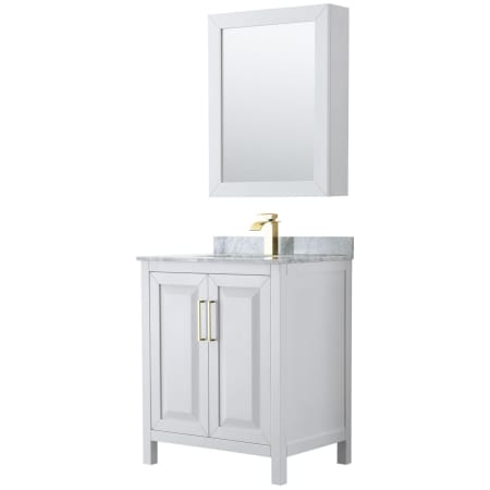 A large image of the Wyndham Collection WCV252530SUNSMED White / White Carrara Marble Top / Brushed Gold Hardware