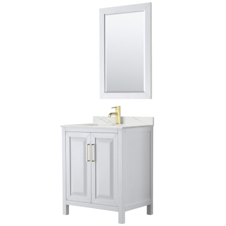 A large image of the Wyndham Collection WCV252530S-QTZ-UNSM24 White / Giotto Quartz Top / Brushed Gold Hardware