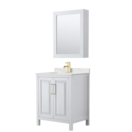 A large image of the Wyndham Collection WCV252530S-QTZ-UNSMED White / Giotto Quartz Top / Brushed Gold Hardware