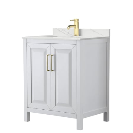 A large image of the Wyndham Collection WCV252530S-QTZ-UNSMXX White / Giotto Quartz Top / Brushed Gold Hardware