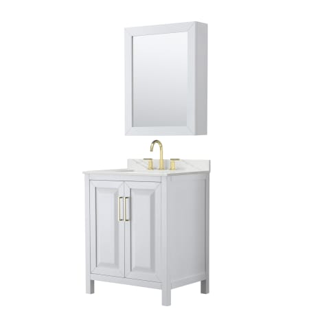 A large image of the Wyndham Collection WCV252530S-QTZ-US3MED White / Giotto Quartz Top / Brushed Gold Hardware