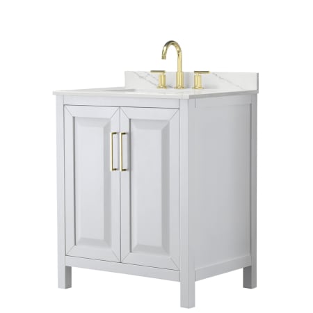 A large image of the Wyndham Collection WCV252530S-QTZ-US3MXX White / Giotto Quartz Top / Brushed Gold Hardware