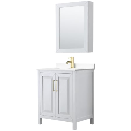 A large image of the Wyndham Collection WCV252530S-VCA-MED White / White Cultured Marble Top / Brushed Gold Hardware