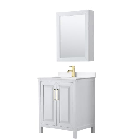 A large image of the Wyndham Collection WCV252530S-QTZ-UNSMED White / White Quartz Top / Brushed Gold Hardware