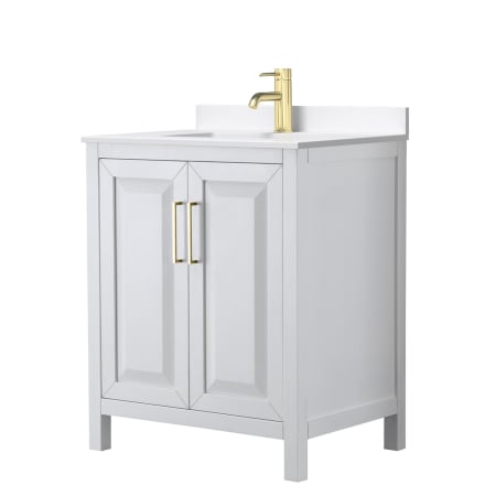 A large image of the Wyndham Collection WCV252530S-QTZ-UNSMXX White / White Quartz Top / Brushed Gold Hardware