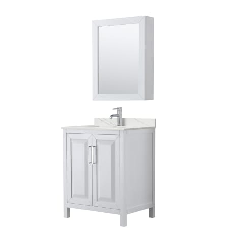 A large image of the Wyndham Collection WCV252530S-QTZ-UNSMED White / Giotto Quartz Top / Polished Chrome Hardware