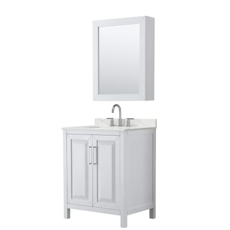 A large image of the Wyndham Collection WCV252530S-QTZ-US3MED White / Giotto Quartz Top / Polished Chrome Hardware