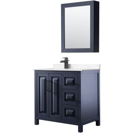 A large image of the Wyndham Collection WCV252536S-Left-VCA-MED Dark Blue / Carrara Cultured Marble Top / Matte Black Hardware