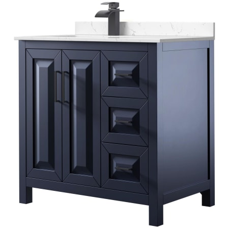 A large image of the Wyndham Collection WCV252536S-Left-VCA-MXX Dark Blue / Carrara Cultured Marble Top / Matte Black Hardware