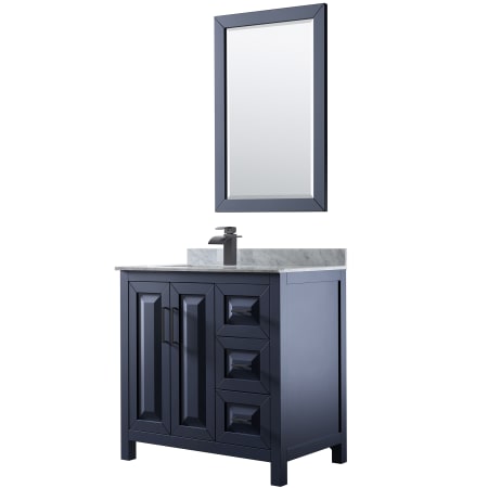 A large image of the Wyndham Collection WCV252536SUNSM24 Dark Blue / White Carrara Marble Top / Matte Black Hardware