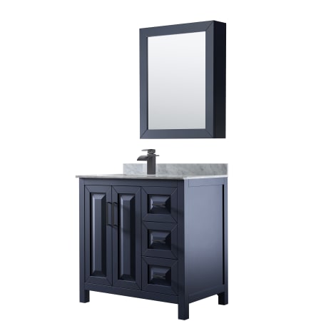 A large image of the Wyndham Collection WCV252536SUNSMED Dark Blue / White Carrara Marble Top / Matte Black Hardware