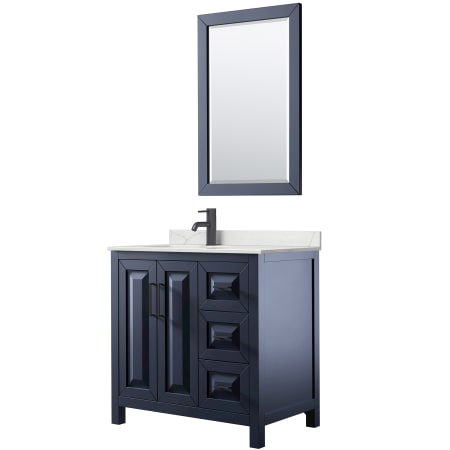 A large image of the Wyndham Collection WCV252536S-QTZ-UNSM24 Dark Blue / Giotto Quartz Top / Matte Black Hardware