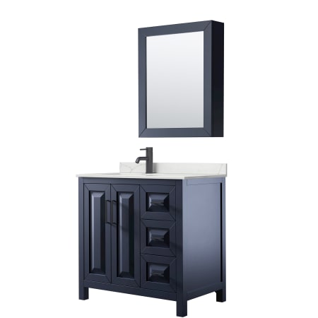 A large image of the Wyndham Collection WCV252536S-QTZ-UNSMED Dark Blue / Giotto Quartz Top / Matte Black Hardware