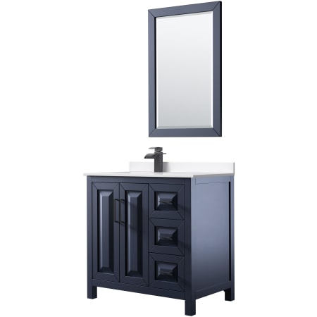 A large image of the Wyndham Collection WCV252536S-Left-VCA-M24 Dark Blue / White Cultured Marble Top / Matte Black Hardware