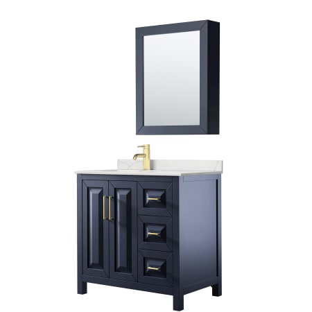 A large image of the Wyndham Collection WCV252536S-QTZ-UNSMED Dark Blue / Giotto Quartz Top / Brushed Gold Hardware