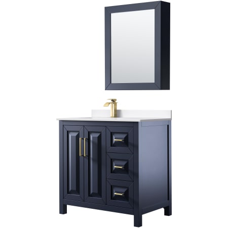 A large image of the Wyndham Collection WCV252536S-Left-VCA-MED Dark Blue / White Cultured Marble Top / Brushed Gold Hardware