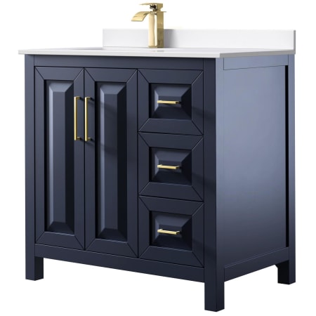 A large image of the Wyndham Collection WCV252536S-Left-VCA-MXX Dark Blue / White Cultured Marble Top / Brushed Gold Hardware