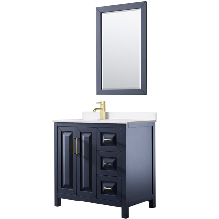 A large image of the Wyndham Collection WCV252536S-QTZ-UNSM24 Dark Blue / White Quartz Top / Brushed Gold Hardware