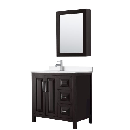 A large image of the Wyndham Collection WCV252536S-QTZ-UNSMED Dark Espresso / White Quartz Top / Polished Chrome Hardware