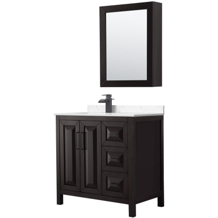 A large image of the Wyndham Collection WCV252536S-Left-VCA-MED Dark Espresso / Carrara Cultured Marble Top / Matte Black Hardware