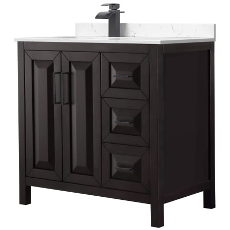 A large image of the Wyndham Collection WCV252536S-Left-VCA-MXX Dark Espresso / Carrara Cultured Marble Top / Matte Black Hardware