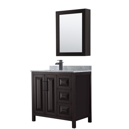 A large image of the Wyndham Collection WCV252536SUNSMED Dark Espresso / White Carrara Marble Top / Matte Black Hardware