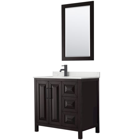 A large image of the Wyndham Collection WCV252536S-QTZ-UNSM24 Dark Espresso / Giotto Quartz Top / Matte Black Hardware