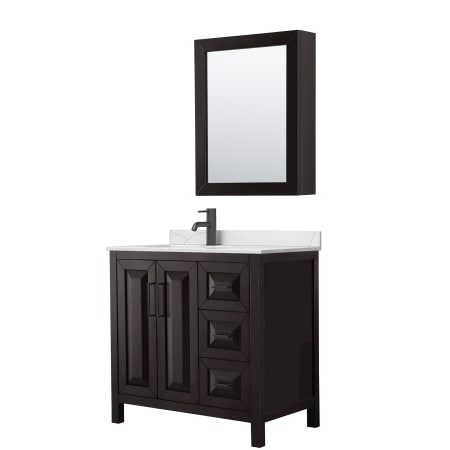 A large image of the Wyndham Collection WCV252536S-QTZ-UNSMED Dark Espresso / Giotto Quartz Top / Matte Black Hardware